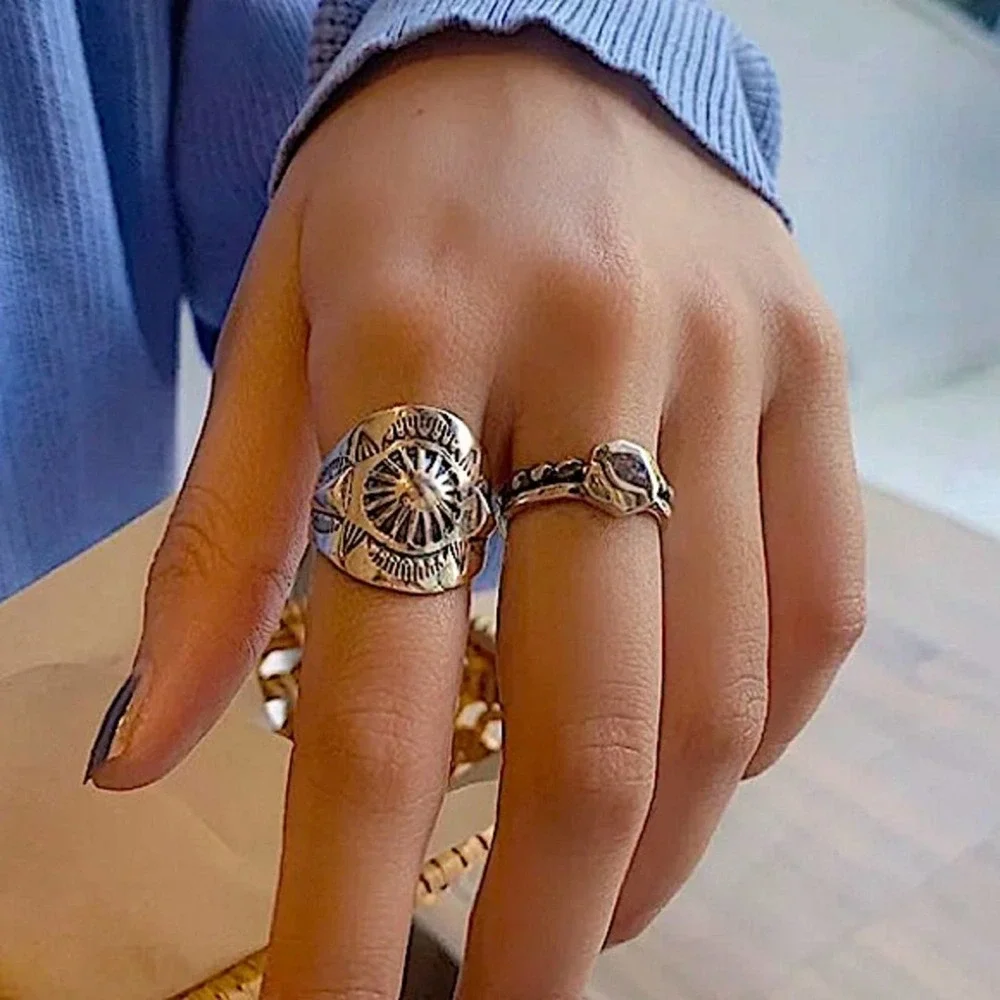 Sterling Silver Boho Vintage Two Piece Adjustable Ring Set